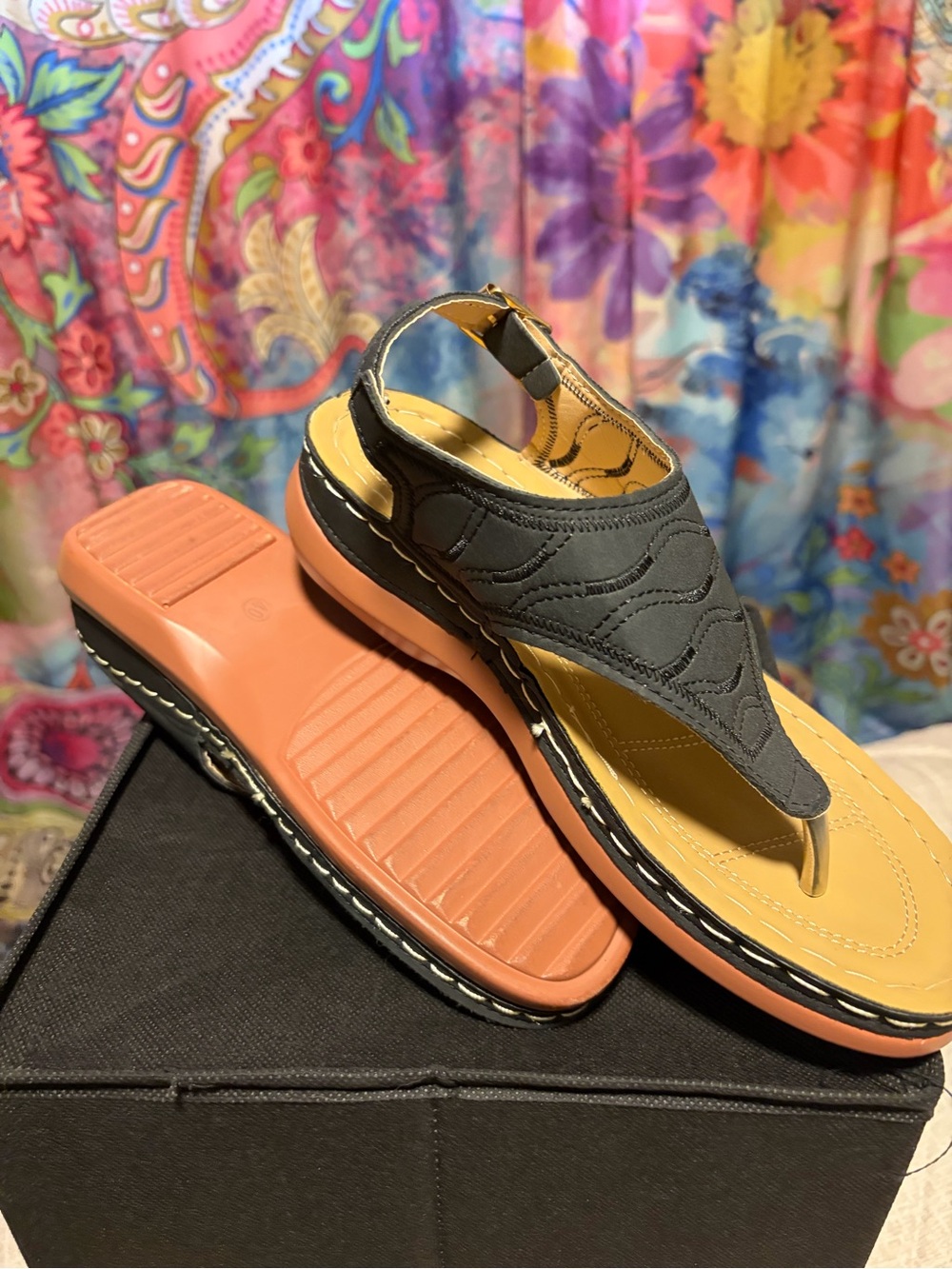Black & Tan Platform Thong Sandals